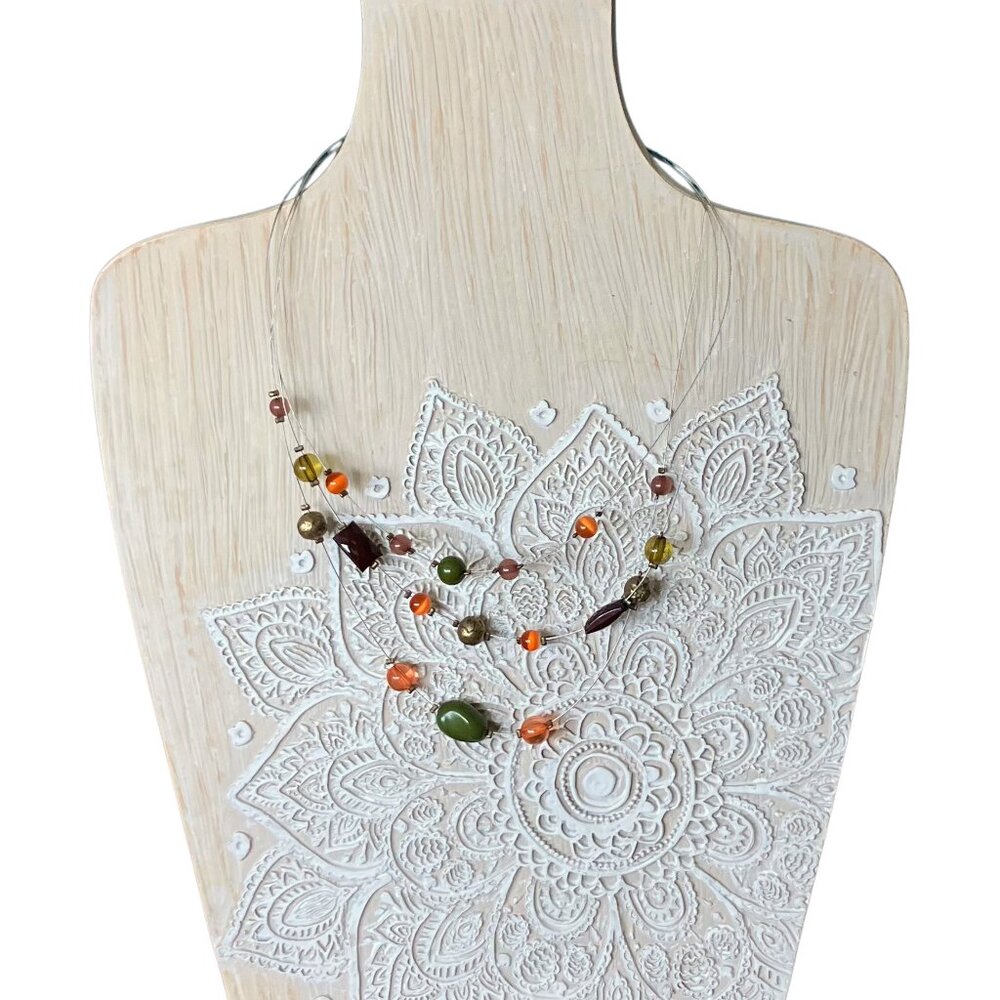 Beaded Layered Illusion Wire Necklace Orange Green Fall Tiered Boho 15-18.5” Adj
